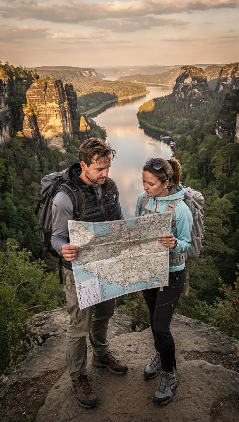 Eine Familie beim Wandern auf einem Waldweg, umgeben von hohen Bäumen und bunten Blumen.